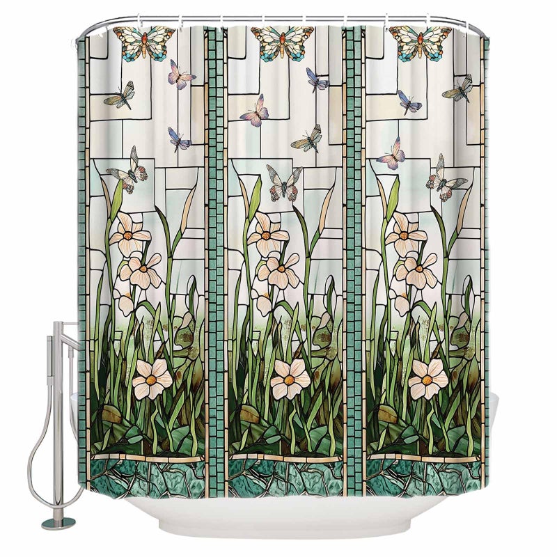 EZON-CH Waterproof Shower Curtain Stained Glass Meadow Flower Dragonfly Print Polyester Fabric Bath Curtain Home Hotel Apartment Bathroom Shower Curtain Long 72x96IN - Image 2